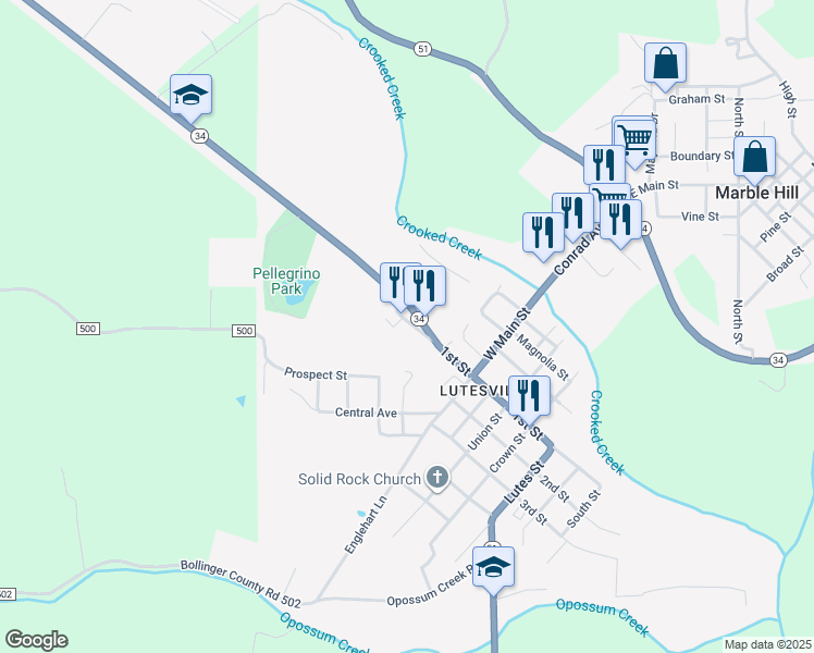 map of restaurants, bars, coffee shops, grocery stores, and more near 204 Missouri 34 in Marble Hill