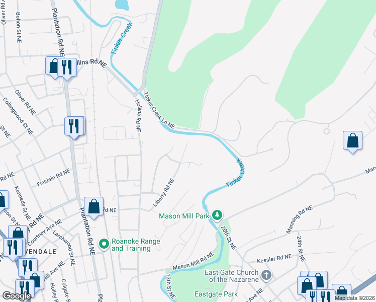 map of restaurants, bars, coffee shops, grocery stores, and more near 1300-1398 Liberty Road Northeast in Roanoke