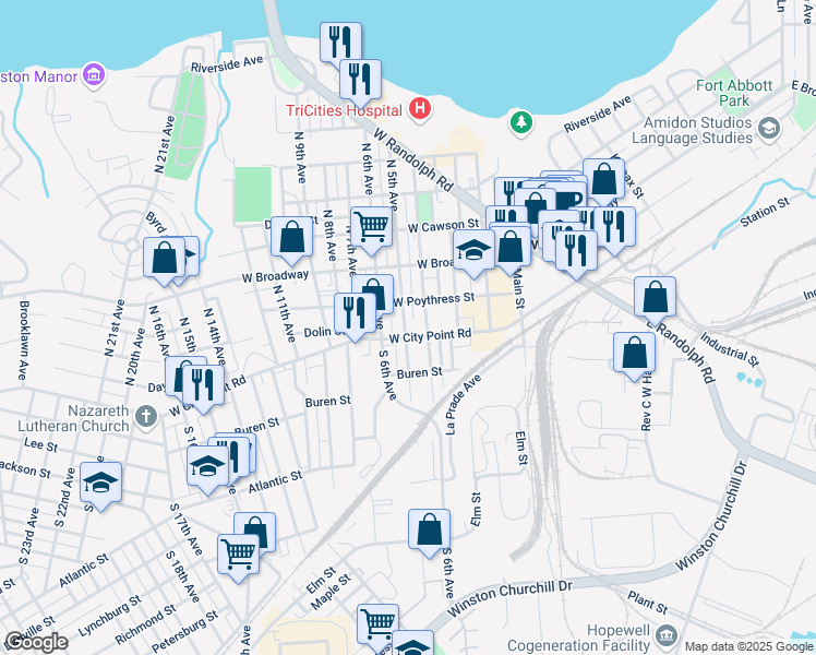 map of restaurants, bars, coffee shops, grocery stores, and more near 103 North 5th Avenue in Hopewell