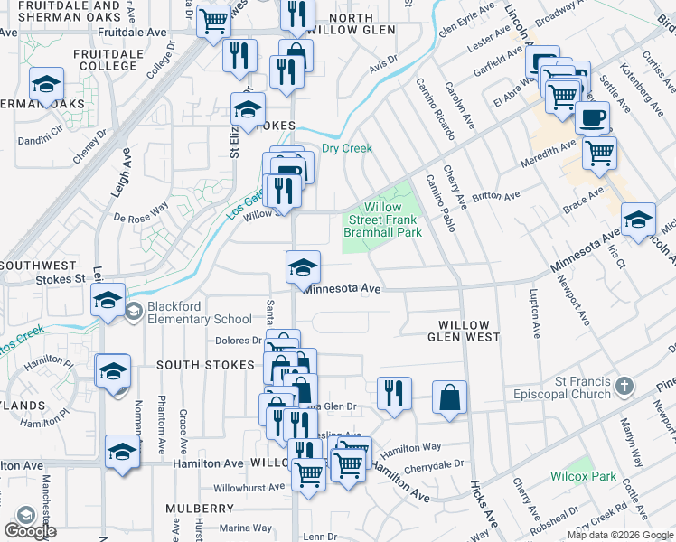 map of restaurants, bars, coffee shops, grocery stores, and more near 1524 Camino Monde in San Jose