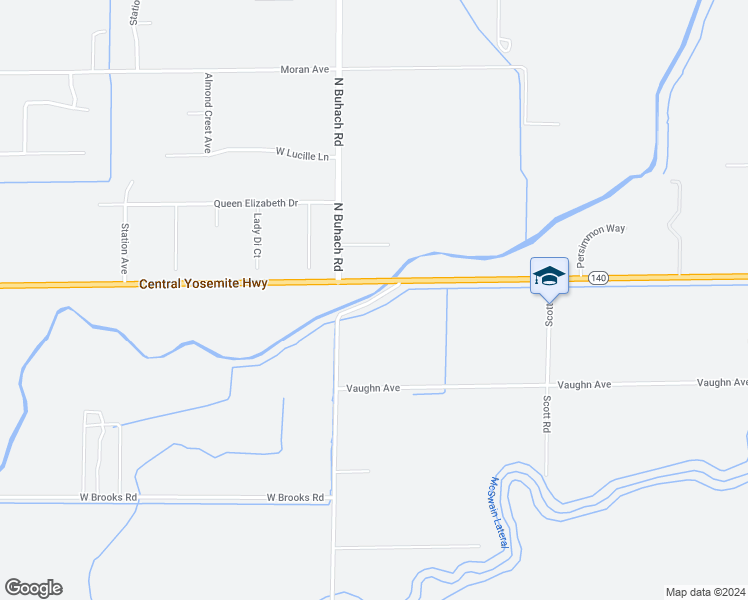 map of restaurants, bars, coffee shops, grocery stores, and more near 927 North Buhach Road in Merced