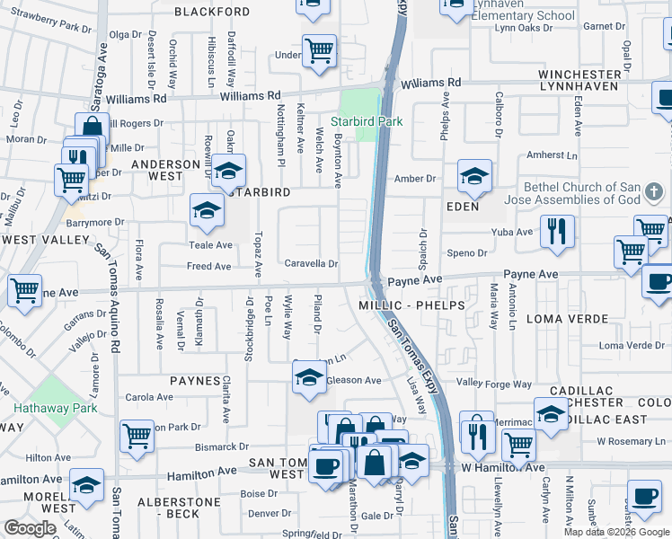 map of restaurants, bars, coffee shops, grocery stores, and more near 1261 Boynton Avenue in San Jose