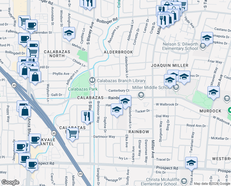 map of restaurants, bars, coffee shops, grocery stores, and more near 6646 Canterbury Court in San Jose