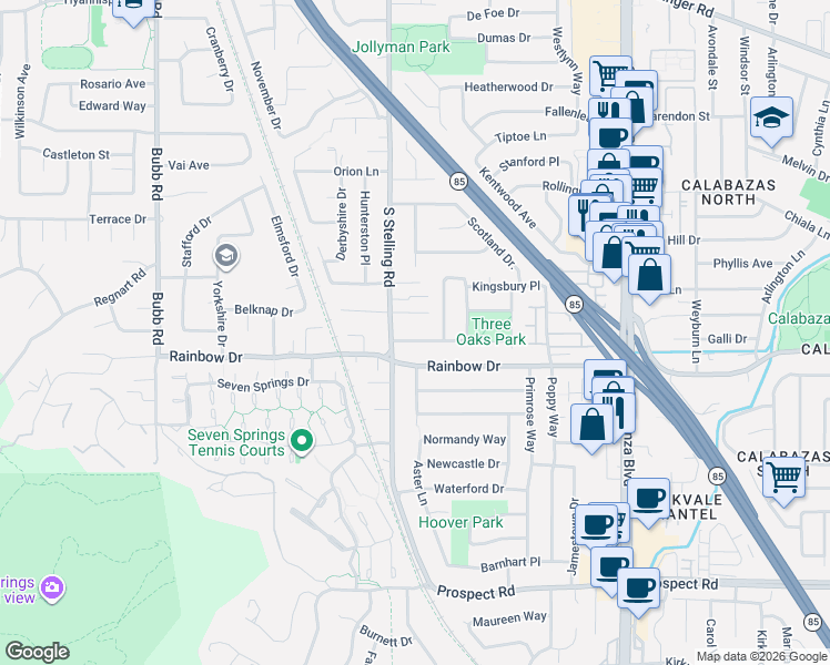 map of restaurants, bars, coffee shops, grocery stores, and more near 7640 Berland Court in Cupertino