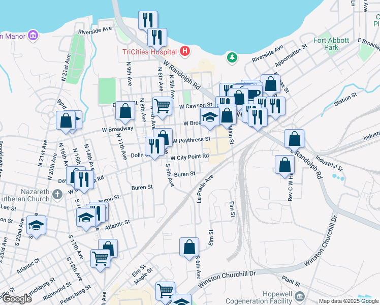 map of restaurants, bars, coffee shops, grocery stores, and more near 103 North 4th Avenue in Hopewell