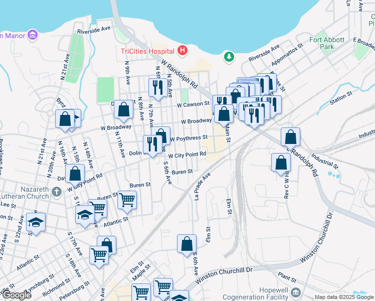 map of restaurants, bars, coffee shops, grocery stores, and more near 103 North 4th Avenue in Hopewell