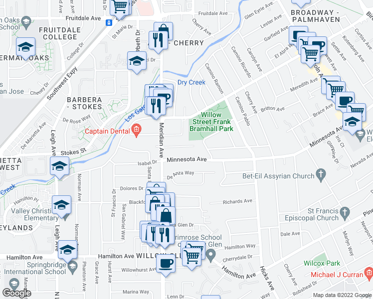 map of restaurants, bars, coffee shops, grocery stores, and more near 1524 Camino Monde in San Jose