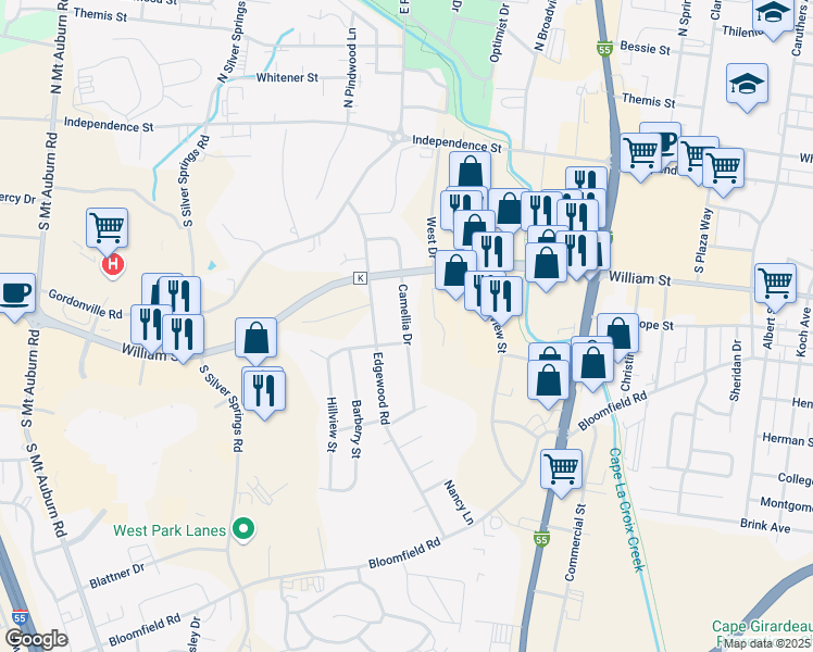 map of restaurants, bars, coffee shops, grocery stores, and more near Camellia Drive in Cape Girardeau