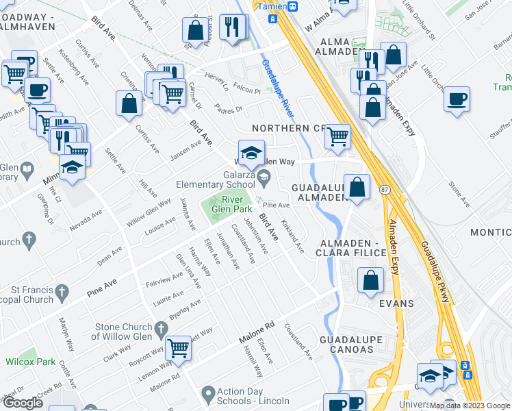 map of restaurants, bars, coffee shops, grocery stores, and more near Bird Ave & Pine Ave in San Jose