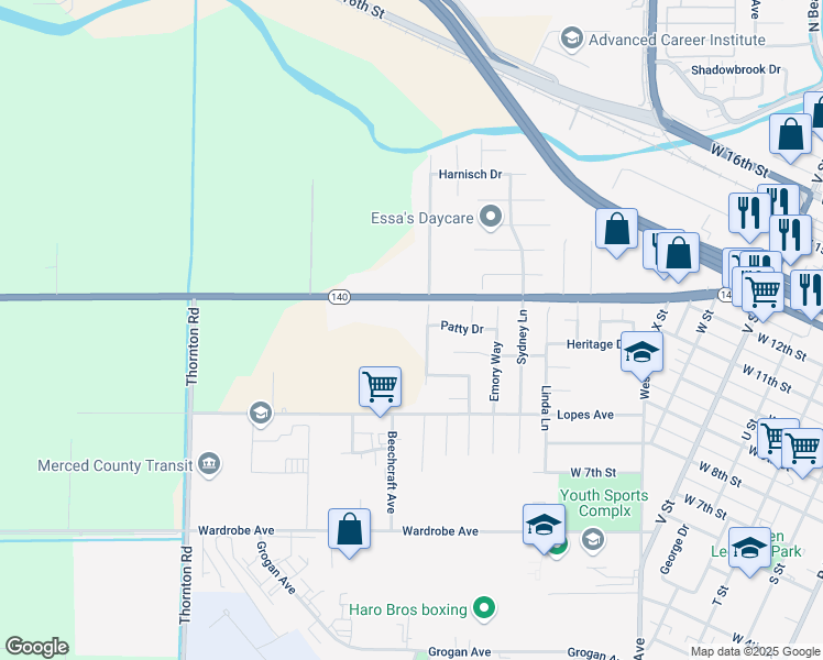 map of restaurants, bars, coffee shops, grocery stores, and more near 2014 California 140 in Merced