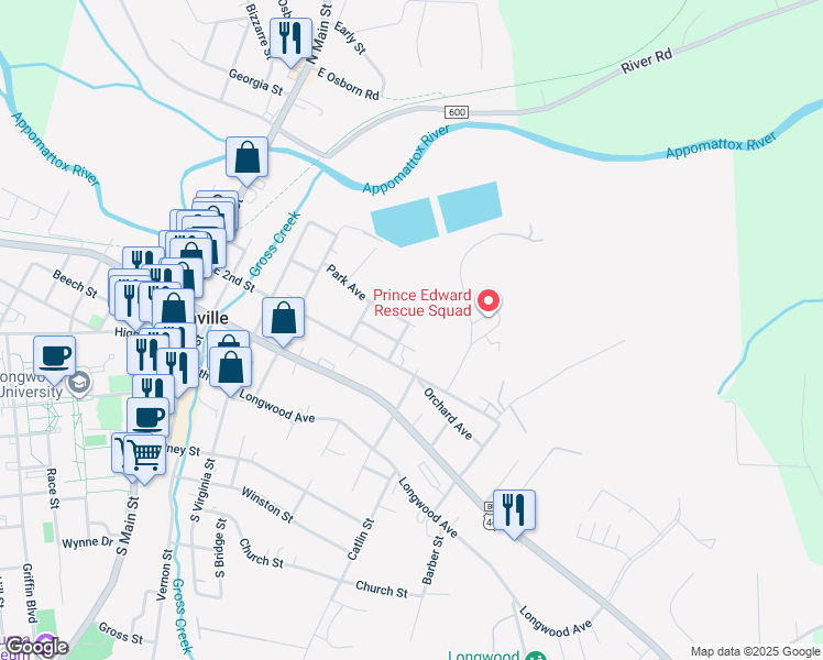 map of restaurants, bars, coffee shops, grocery stores, and more near 406 Glenn Street in Farmville