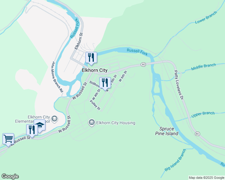 map of restaurants, bars, coffee shops, grocery stores, and more near 201-299 West 5th Street in Elkhorn City