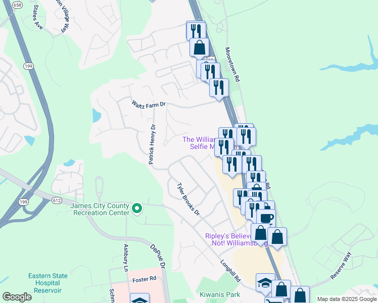 map of restaurants, bars, coffee shops, grocery stores, and more near 250 Thomas Nelson Lane in Williamsburg