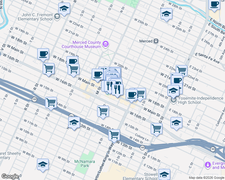 map of restaurants, bars, coffee shops, grocery stores, and more near 1716 Canal Street in Merced