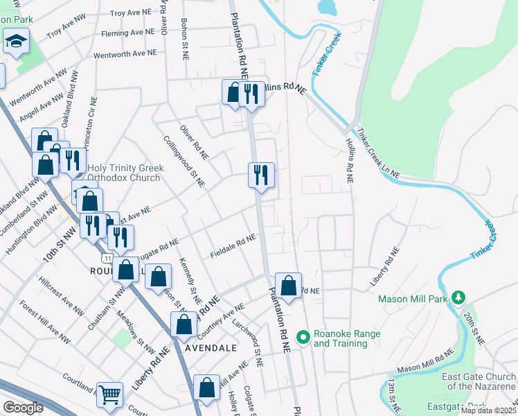 map of restaurants, bars, coffee shops, grocery stores, and more near 2998 Plantation Road Northeast in Roanoke
