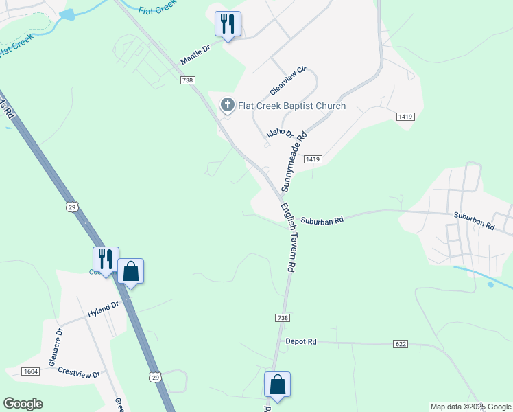 map of restaurants, bars, coffee shops, grocery stores, and more near 131 Cool Springs Drive in Lynchburg