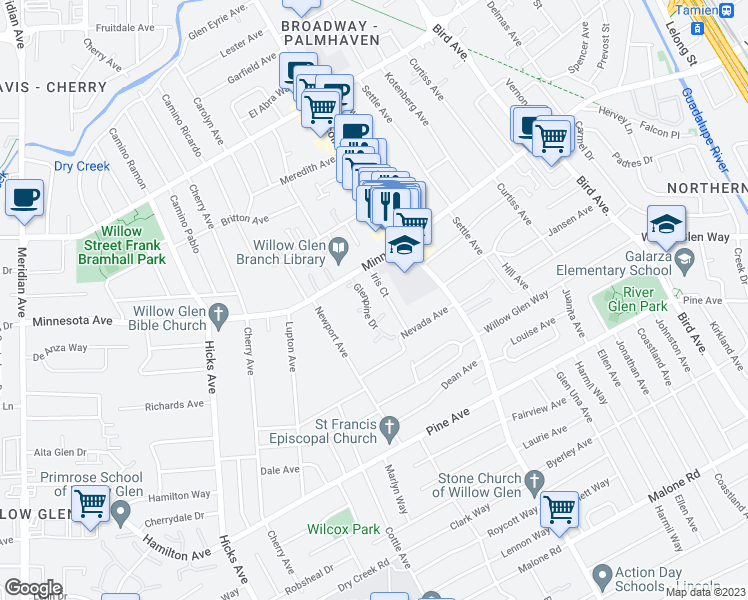 map of restaurants, bars, coffee shops, grocery stores, and more near 1454 Glenpine Drive in San Jose