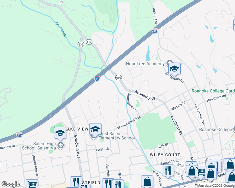 map of restaurants, bars, coffee shops, grocery stores, and more near 625 Highfield Road in Salem
