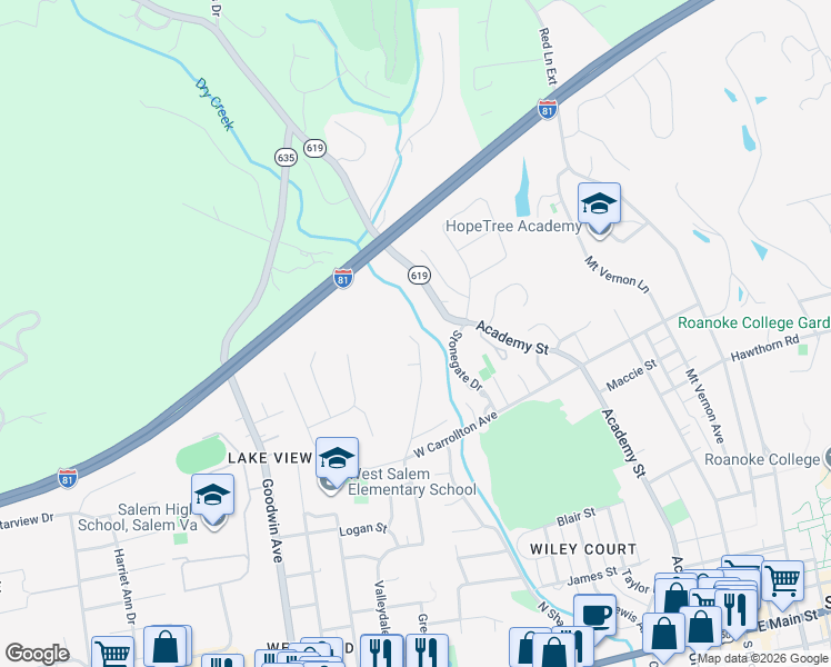 map of restaurants, bars, coffee shops, grocery stores, and more near 625 Highfield Road in Salem