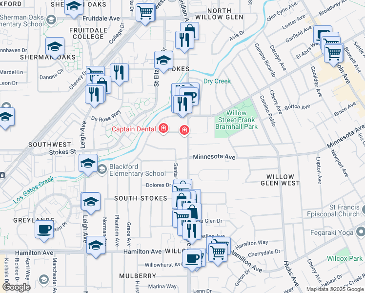 map of restaurants, bars, coffee shops, grocery stores, and more near 1333 Meridian Avenue in San Jose