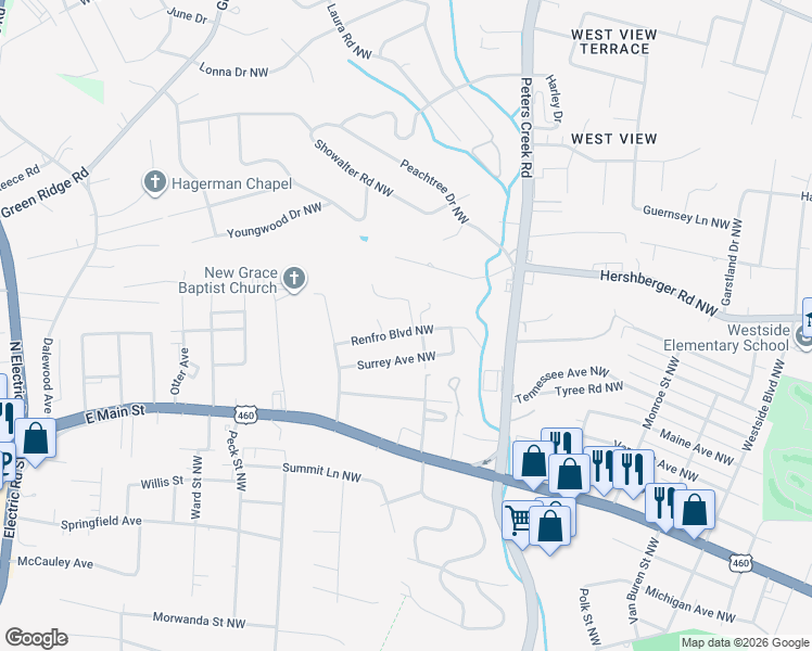 map of restaurants, bars, coffee shops, grocery stores, and more near 4507 Renfro Boulevard Northwest in Roanoke