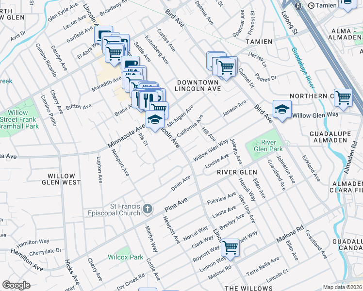 map of restaurants, bars, coffee shops, grocery stores, and more near 1548 Lincoln Avenue in San Jose