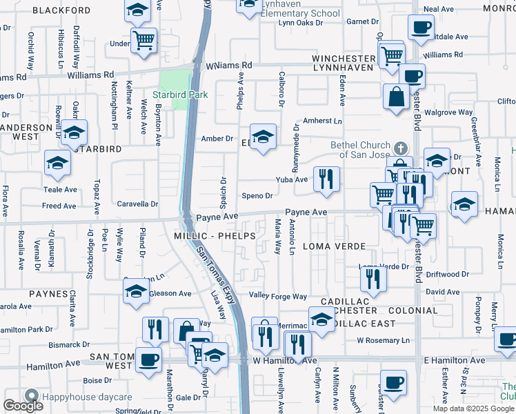 map of restaurants, bars, coffee shops, grocery stores, and more near 3530 Speno Drive in San Jose
