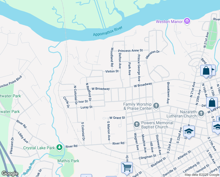 map of restaurants, bars, coffee shops, grocery stores, and more near 3213 West Broadway Avenue in Hopewell