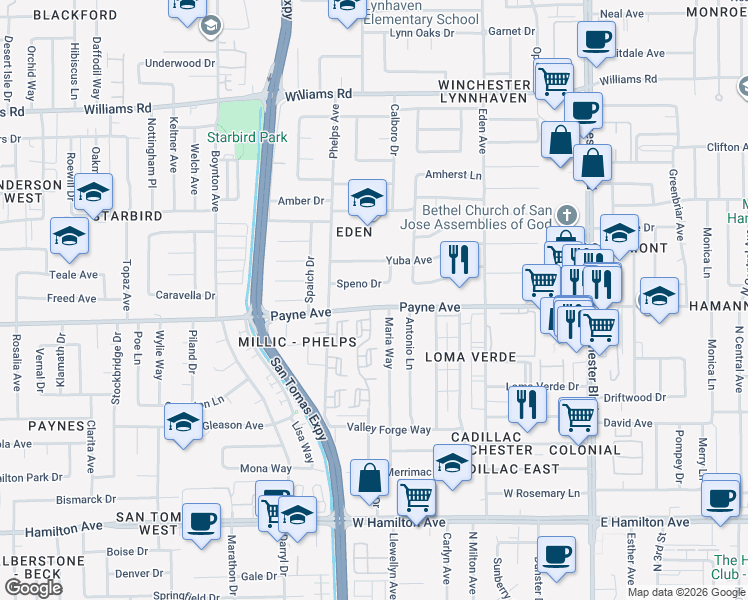 map of restaurants, bars, coffee shops, grocery stores, and more near 3470 Speno Drive in San Jose