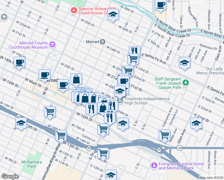 map of restaurants, bars, coffee shops, grocery stores, and more near 60 West 20th Street in Merced