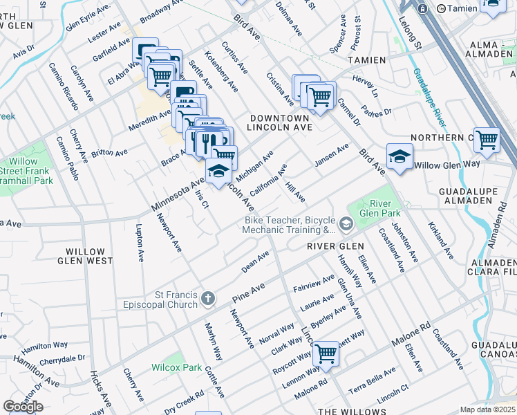 map of restaurants, bars, coffee shops, grocery stores, and more near 1548 Lincoln Avenue in San Jose