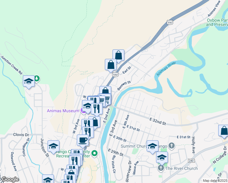 map of restaurants, bars, coffee shops, grocery stores, and more near 3310 Main Avenue in Durango