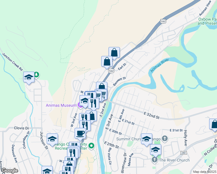 map of restaurants, bars, coffee shops, grocery stores, and more near 3310 Main Avenue in Durango