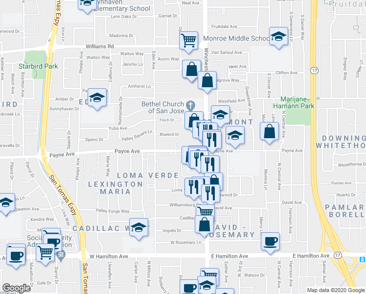 map of restaurants, bars, coffee shops, grocery stores, and more near 3153 Payne Avenue in San Jose