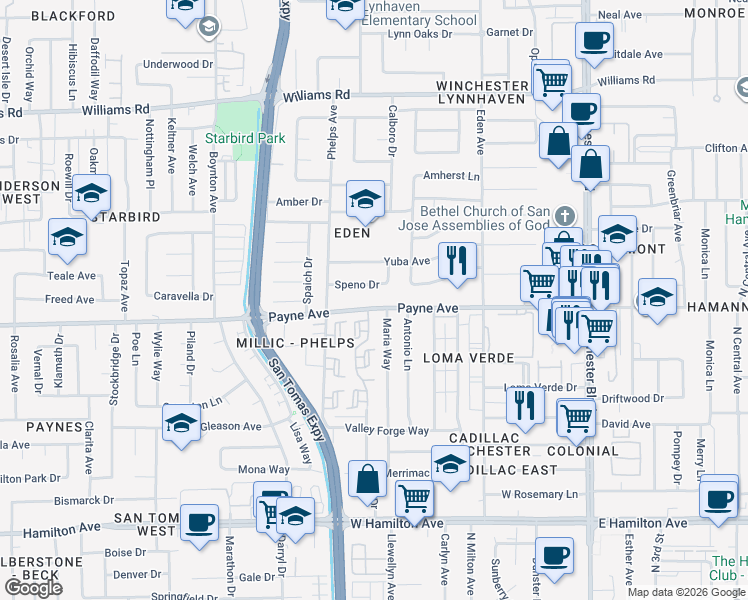 map of restaurants, bars, coffee shops, grocery stores, and more near 3470 Speno Drive in San Jose