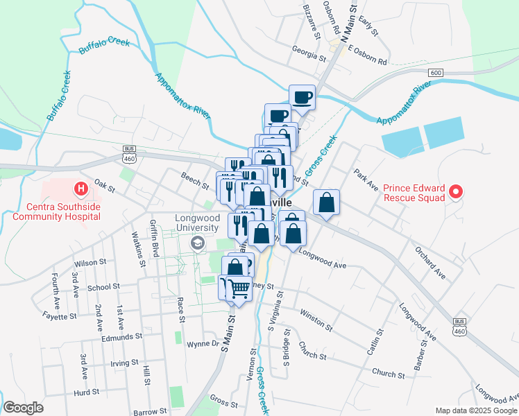 map of restaurants, bars, coffee shops, grocery stores, and more near 111 North Main Street in Farmville