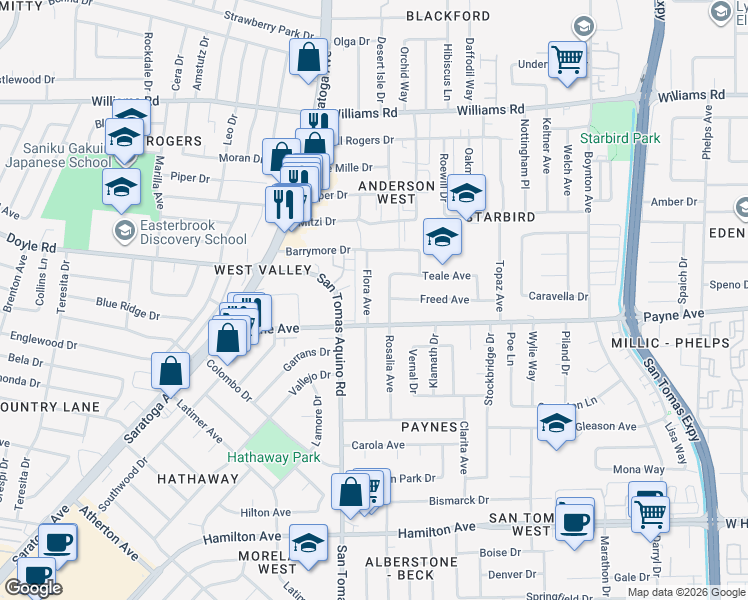 map of restaurants, bars, coffee shops, grocery stores, and more near 1266 Flora Avenue in San Jose