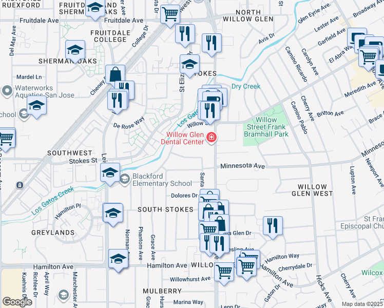 map of restaurants, bars, coffee shops, grocery stores, and more near 1691 Santa Lucia Drive in San Jose