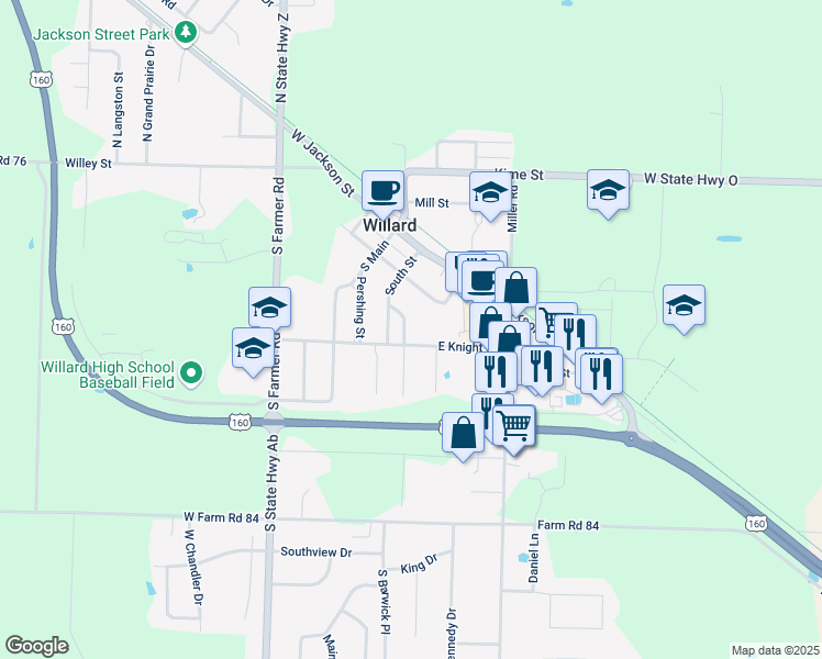 map of restaurants, bars, coffee shops, grocery stores, and more near 302 Howard Street in Willard