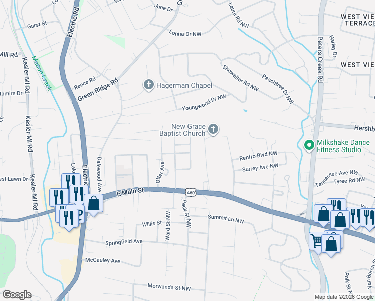 map of restaurants, bars, coffee shops, grocery stores, and more near 1407 Graybill Street Northwest in Roanoke