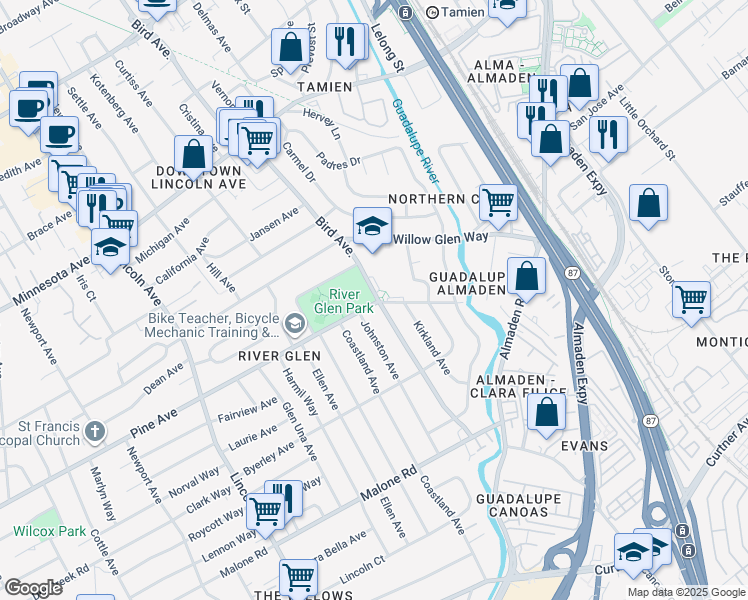 map of restaurants, bars, coffee shops, grocery stores, and more near 1697 Bird Avenue in San Jose