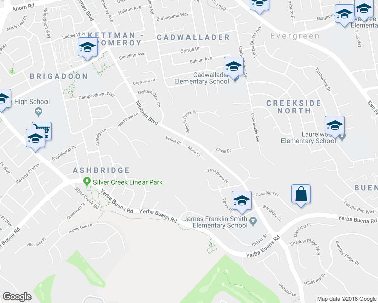 map of restaurants, bars, coffee shops, grocery stores, and more near 3890 Mars Court in San Jose