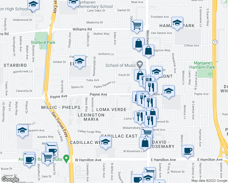 map of restaurants, bars, coffee shops, grocery stores, and more near 3263 Payne Avenue in San Jose