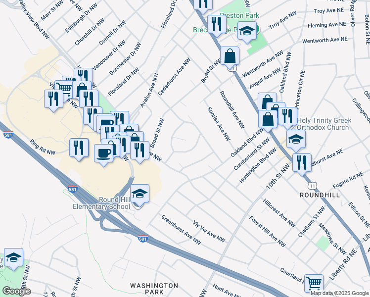 map of restaurants, bars, coffee shops, grocery stores, and more near 2520 Maycrest Street Northwest in Roanoke