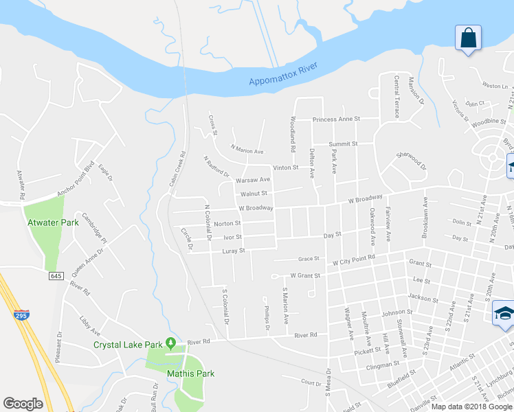 map of restaurants, bars, coffee shops, grocery stores, and more near 3307 West Broadway Avenue in Hopewell