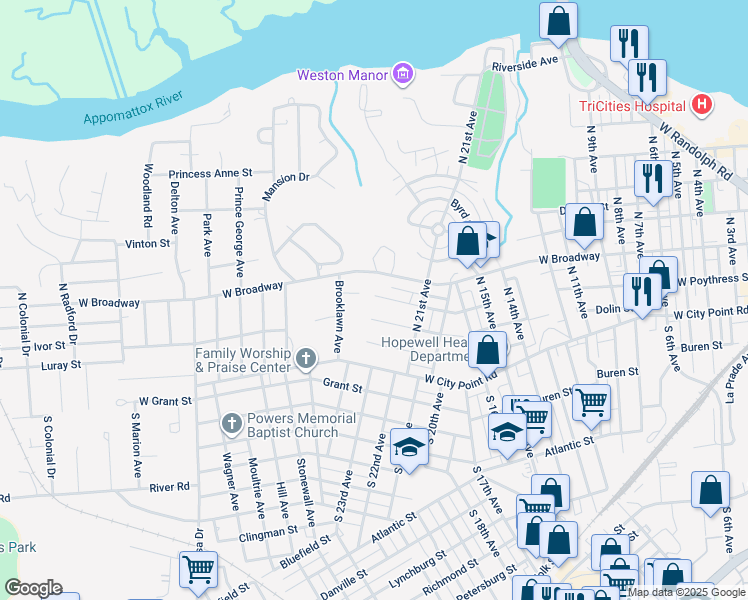map of restaurants, bars, coffee shops, grocery stores, and more near 2119 Dolin Street in Hopewell