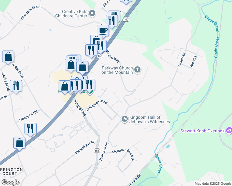 map of restaurants, bars, coffee shops, grocery stores, and more near 3349 Ridgerun Drive Northeast in Roanoke