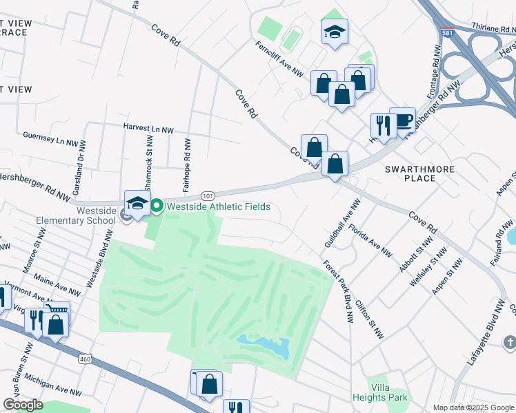 map of restaurants, bars, coffee shops, grocery stores, and more near 3354 Pittsfield Circle Northwest in Roanoke