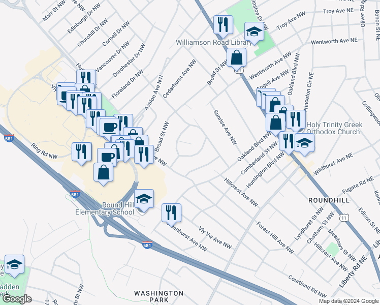 map of restaurants, bars, coffee shops, grocery stores, and more near 2520 Maycrest Street Northwest in Roanoke