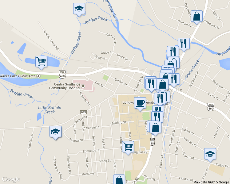 map of restaurants, bars, coffee shops, grocery stores, and more near 111 Appomattox Street in Farmville